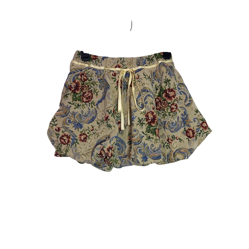 Floral Tapestry Mini Bubble Skirt Beige Ribbon Tie Women Size Small Retro Boho